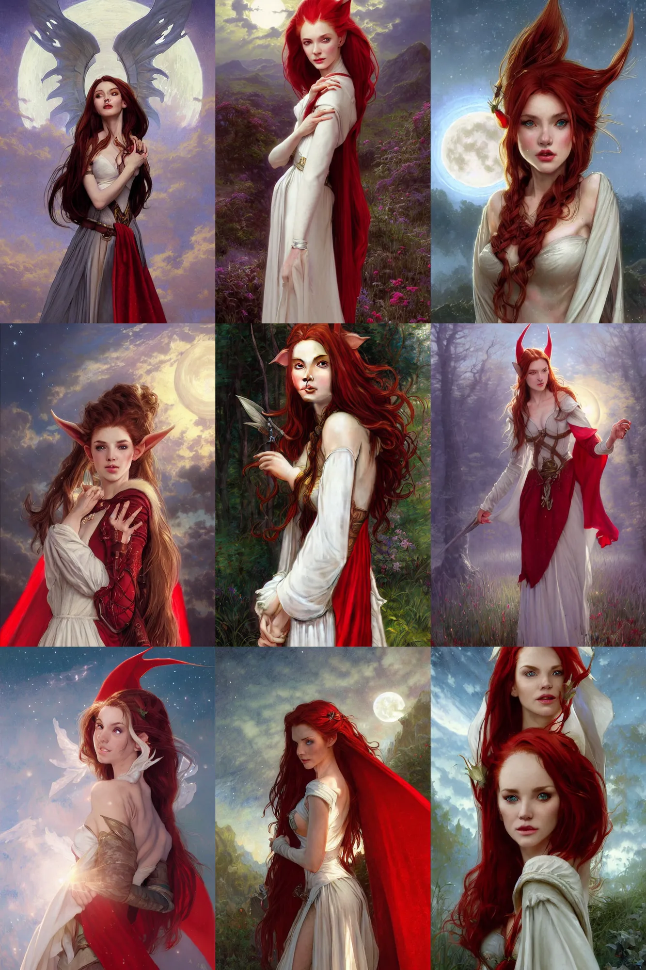 Prompt: hyper-realistic headshot portrait of beautiful high-fantasy elf girl with red hair long pointed ears wearing an off-white gown and a red cloak, moonlight, night, ethereal, intricate details, rule of thirds, by Stanley Artgerm Lau, by greg rutkowski, by thomas kindkade, by alphonse mucha, loish, by norman rockwell J.