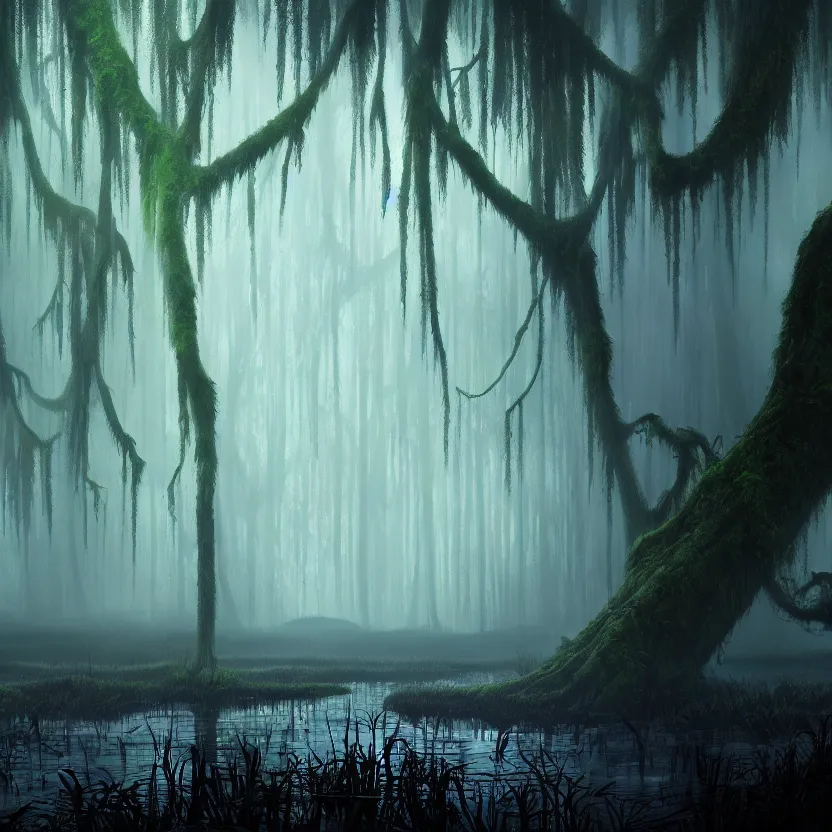Image similar to a wet swamp with many big trees, dark colors, glowing plants, misty background, light rays, beautiful lighting, vivid colors, intricate, elegant, smooth, sharp focus, highly detailed digital painting, concept art, cinematic, unreal engine, 4 k wallpaper, trending on cgsociety, trending on artstation