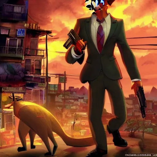 Image similar to concept art of nick wilde as max payne in max payne 3 set in gritty neo - noir zootopia, favela level