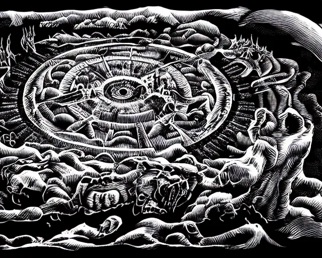 Prompt: impressive hellish hell hell circle of hell landscape, beautiful line art, ink illustration, pure b&w, white frame