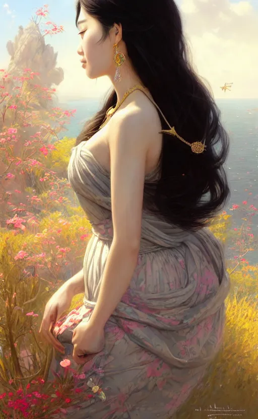 Image similar to a beautiful young charming asian goddess with sundress and jewelry | | winter, realistic shaded, unpleasant face, good looking, fine details, dior, lv, realistic shaded lighting poster by greg rutkowski, macoto takahashi, magali villeneuve, artgerm, jeremy lipkin and michael garmash