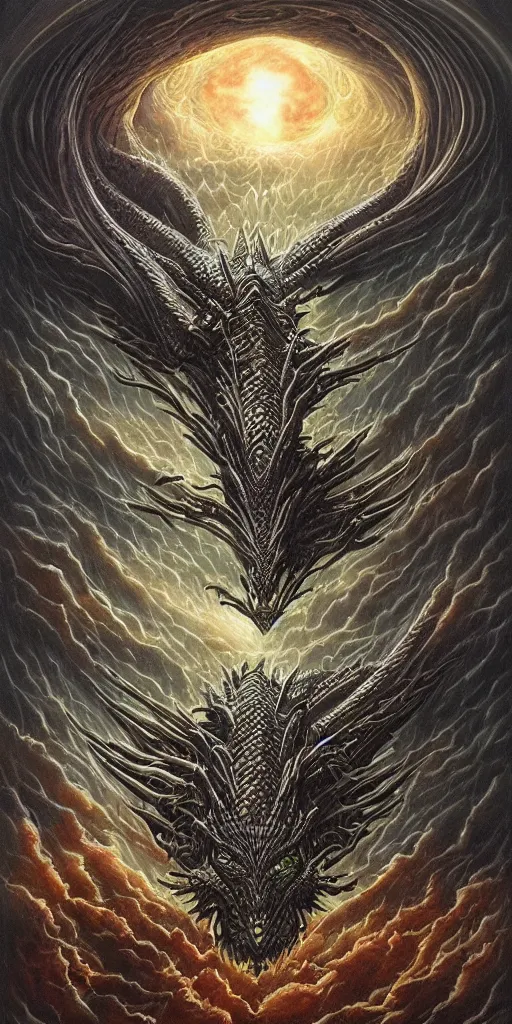 Image similar to an alien dragon demigod descending from outer space to consume the earth, by dan seagrave art