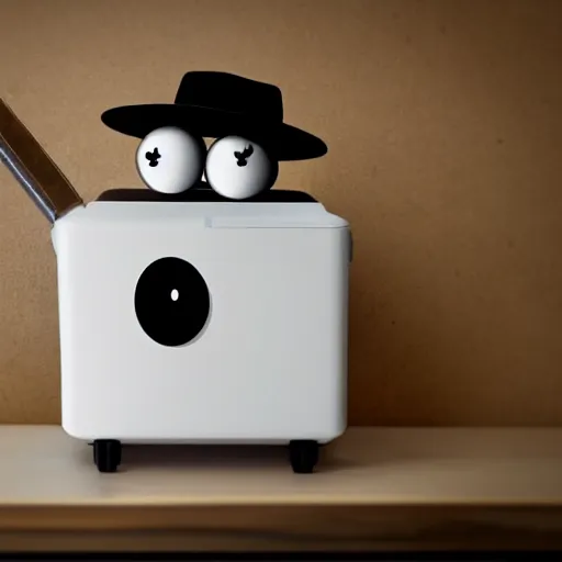 Image similar to an anthropomorphic toaster with googly eyes, black stick legs, black stick arms, and a hat