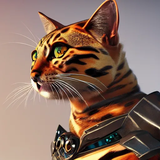 Image similar to a bengal cat with robotic armor, unreal engine, highly detailed, concept art, artstation, insanely detailed, intricate, elegant