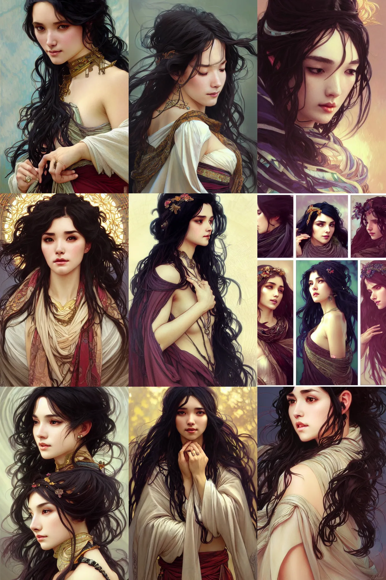 Prompt: closeup portraits of women's hair styles, thick wavy shiny black hair, shawl, scarf, robes, loincloth, dress, layered skirts, copious jewelry, art by artgerm and greg rutkowski and alphonse mucha and ruan jia, high detailed,
