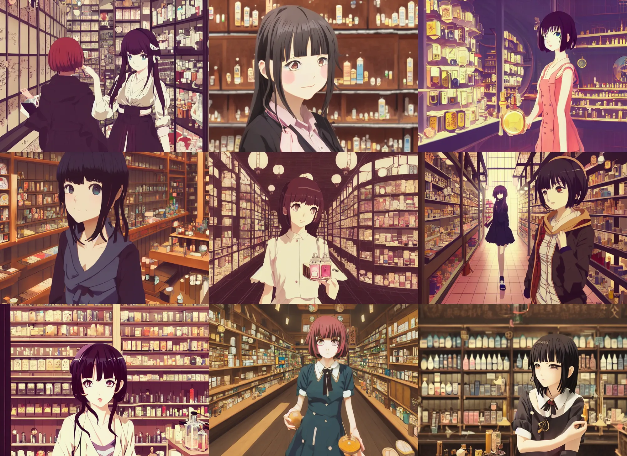 Prompt: lomography, anime visual, portrait of a young female traveler in a alchemist's potion shop interior shopping, cute face by ilya kuvshinov, yoshinari yoh, makoto shinkai, masakazu, moody, dynamic pose perspective, cel shaded, rounded eyes, detailed facial features