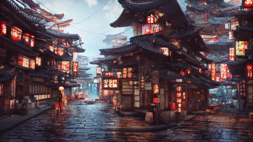 Prompt: immersed in oriental, cyberpunk, japanese village, octane render, fantasy,, hyperrealistic, highly detailed, 4 k hd