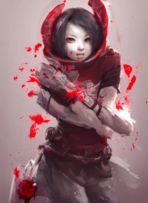 Image similar to a highly detailed illustration of short hair cute japanese girl wearing blood stained hoodie and bandages on arms, dramatic sadistic smile pose, intricate, elegant, highly detailed, centered, digital painting, artstation, concept art, smooth, sharp focus, league of legends concept art, WLOP