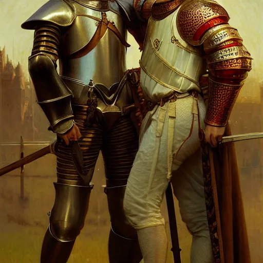 Image similar to attractive arthur pendragon and his attractive male knight, they are in love, natural lighting, path traced, highly detailed, high quality, digital painting, by gaston bussiere, craig mullins, alphonse mucha j. c. leyendecker