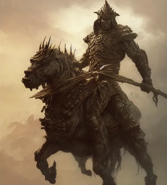 Image similar to golden cavalry concept, beksinski, age of sigma art, frank franzetta, ruan jia, dark soul armor concept, trending on artstation, wayne barlowe, adrian smith fantasy art, elden ring art, the hobbit art, lord of the ring art, infinity blade armor