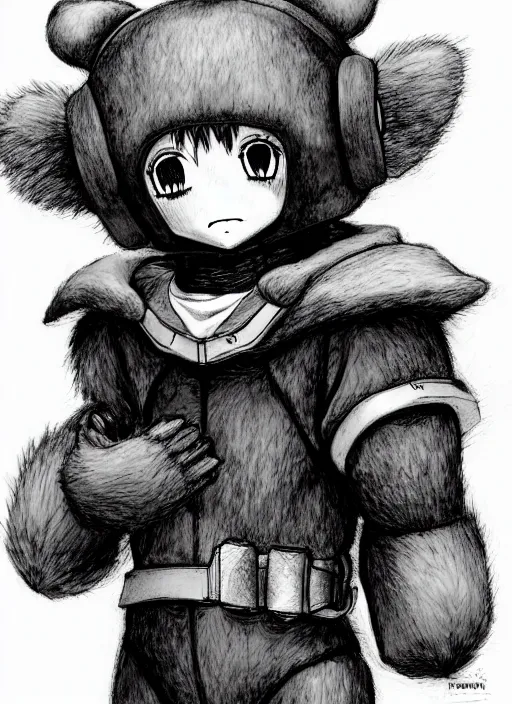 Image similar to beautiful little boy wearing an cyborg bear suit, artwork in kentaro miura and made in abyss and rosdraws, smooth, beautiful lightness, anatomically correct, trending on pixiv, forest