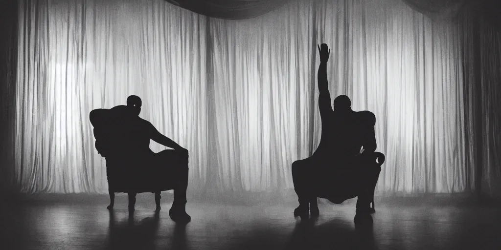 Prompt: photo style of nick fancher, portrait of silhouette of big black man sitting on throne, hazy foggy background and floor made of big curtains