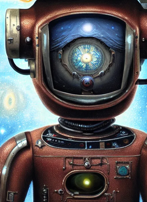 Image similar to highly detailed closeup, portrait of a retro robot deep space explorer, unreal engine, nicoletta ceccoli, mark ryden, earl norem, lostfish, global illumination, detailed and intricate environment