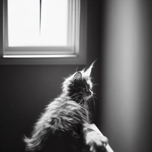 Prompt: view from the back of a backlit maine coon kitten gazing out a sunny window on a warm day. outside there are pretty flowers. 3 5 mm, f / 1 1. 0, is 1 0 0