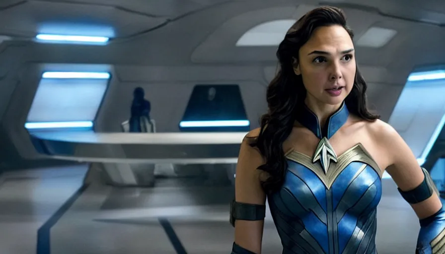 Image similar to Gal Gadot, in full starfleet uniform, is the captain of the starship Enterprise in the new Star Trek movie