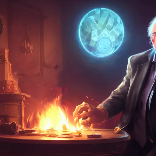 Image similar to portrait of bernie sanders burning money, league of legends amazing splashscreen artwork, splash art, natural light, elegant, photorealistic facial features, intricate, fantasy, detailed face, atmospheric lighting, anamorphic lens flare, cinematic lighting, league of legends splash art, hd wallpaper, ultra high details by greg rutkowski