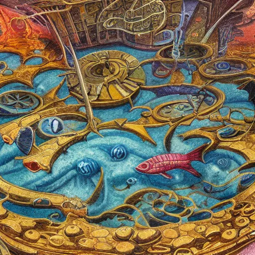 Image similar to fish swimming through the center of a destroyed flooded city, surrealism, deep aesthetic, abstract realism, highly ornate intricate details, 1 9 2 0's colored pencil, 4 k, cinematic lighting,