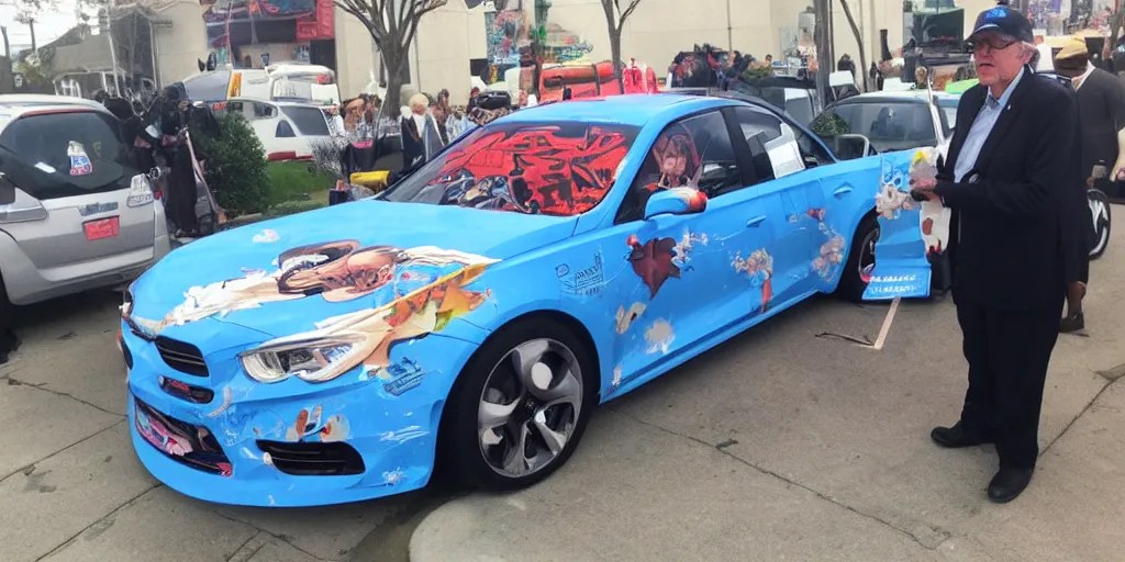 Prompt: bernie sanders, anime car wrap