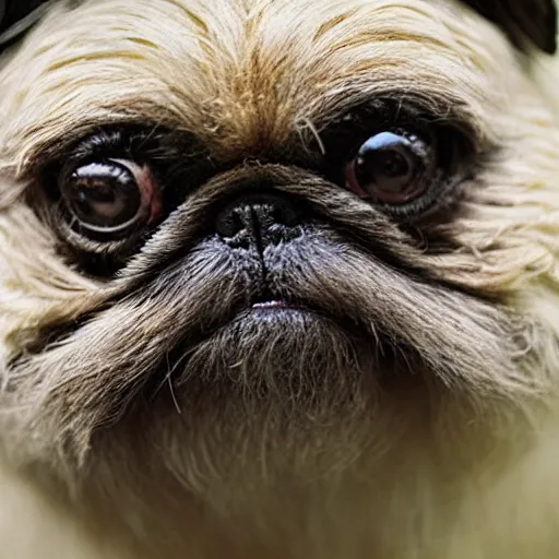 Prompt: an ewok that looks like a pug, national geographic photography