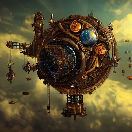 Image similar to flying city ontop of a mechanical flower, sky, fantasy art, steampunk