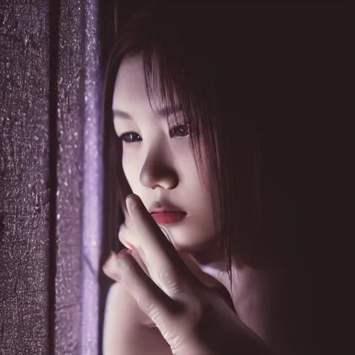 Image similar to sad girl in the corner of a dark room, highly detailed, 8 k, intricate, backlighting, sharp focus, radiant light, hyperrealism, ray tracing, depth of field, yihao ren, capcom, very detailed backgrounds, soft neon lighting