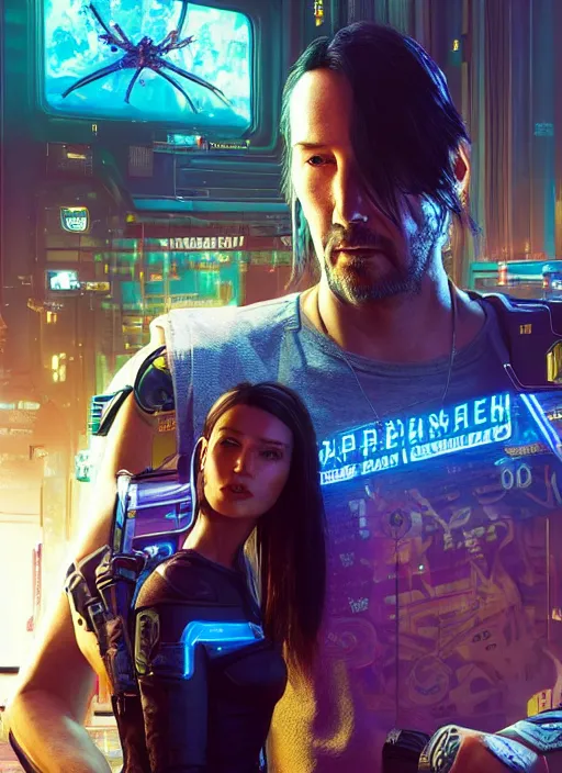 Image similar to a highly detailed photorealistic cyberpunk 2077 couple portrait of Keanu Reeves and female android,lots of electric cable behind,connected to giant computer,couple pose,love,fantasy, intricate, elegant,by Alex Horley and Greg Rutkowski,artstation,deviantart,FAN ART,Unreal Engine,Digital painting,face enhance,8K,golden ratio,cinematic lighting