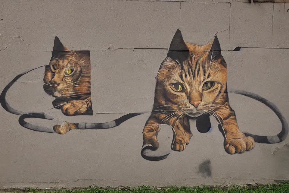 Prompt: wall graffiti by alex maksiov and john pugh of a cat, depth, vibrant