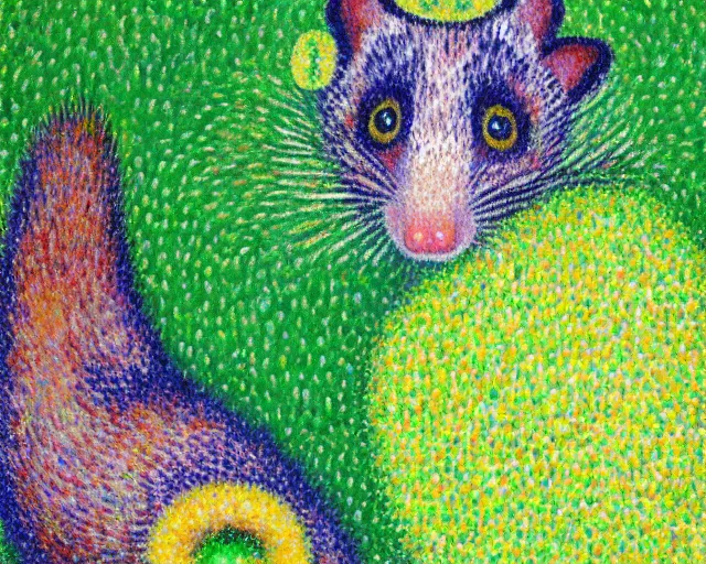 Prompt: pointillism painting of a virginia opossum wearing a green apple on its head, by paul signac, by georges seurat, by albert dubois - pillet