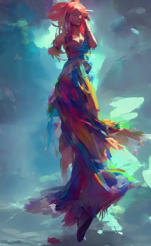 Image similar to a cute woman with rainbow hair dancing, cute tube-top long dress, In style of Yoji Shinkawa, wojtek fus, by Jordan Grimmer and greg rutkowski, concept art, highly detailed