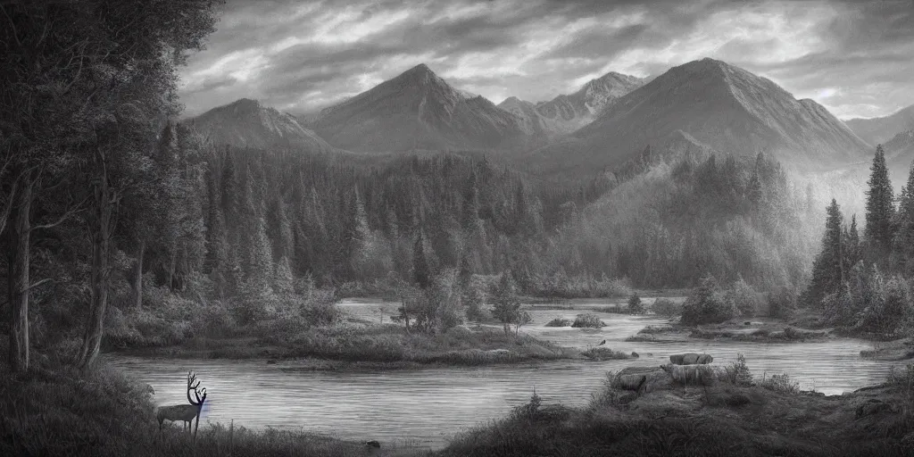 Image similar to A majestic landscape featuring a river, mountains and a forest. In the middle there is a deer with very big horns and he is staring at the sunset. Cinematic, very beautiful, pencil drawing