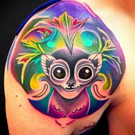 Image similar to shoulder tattoo of a multicolored hallucinating cute bush baby, eyes are rainbow spirals, happy mood, surrounded with colorful magic mushrooms and rainbowcolored marihuana leaves, insanely integrate