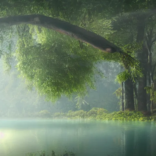 Image similar to Misty lake in the middle of the jungles, 8k, detailed, concept art, trending on artstation