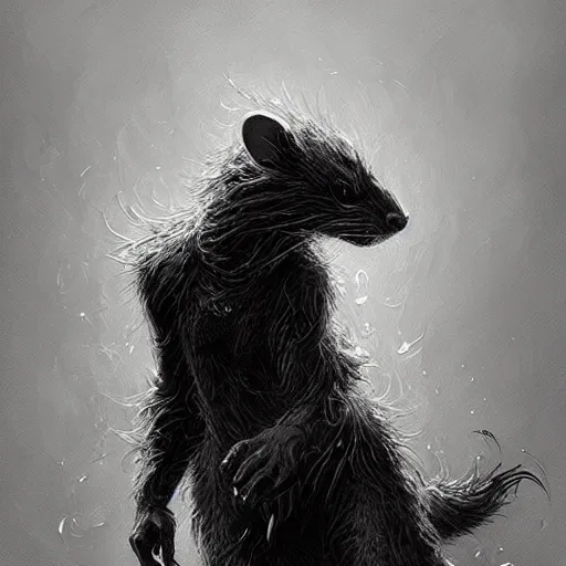 Image similar to masterpiece painting of a black and white spotted wererat highly detailed, digital painting, artstation, concept art, smooth, sharp focus, illustration, art by artgerm and greg rutkowski and alphonse mucha