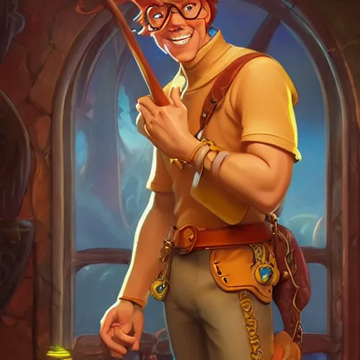 Image similar to fred from scooby - doo ( 1 9 6 9 ), d & d, fantasy, intricate, elegant, highly detailed, digital painting, artstation, concept art, matte, sharp focus, illustration, hearthstone, art by artgerm and greg rutkowski and alphonse mucha