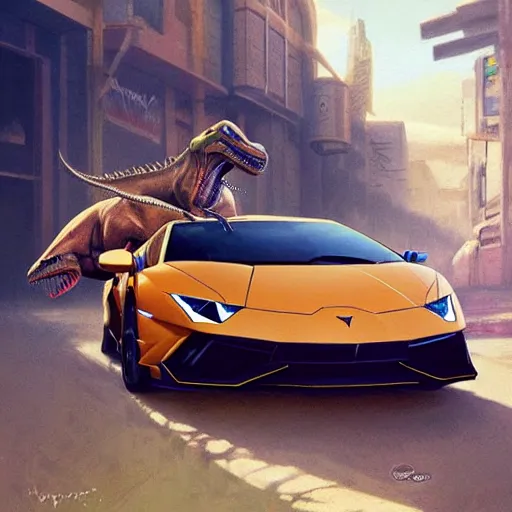 Image similar to lamborghini with dinosaur near a obi store, highly detailed, concept art, art by wlop and artgerm and greg rutkowski, masterpiece, trending on artstation, 8 k