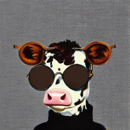 Prompt: a cool jazzy cow wearing sunglasses and a turtleneck