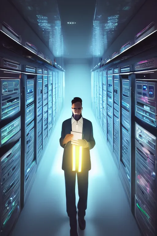 Image similar to futuristic scientist is holding a folder, he is in shock, dark building of server room, neon light, the folder glows and lights up his face, professional lighting, 3 d digital modeling, movie scene, concept art, detailed art,