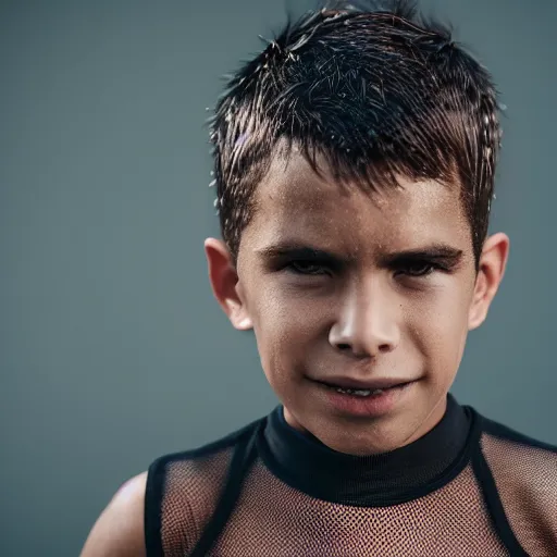 Prompt: full-shot portrait of a boy wearing a transparent mesh tanktop in the rain Detailed face. photo 8K