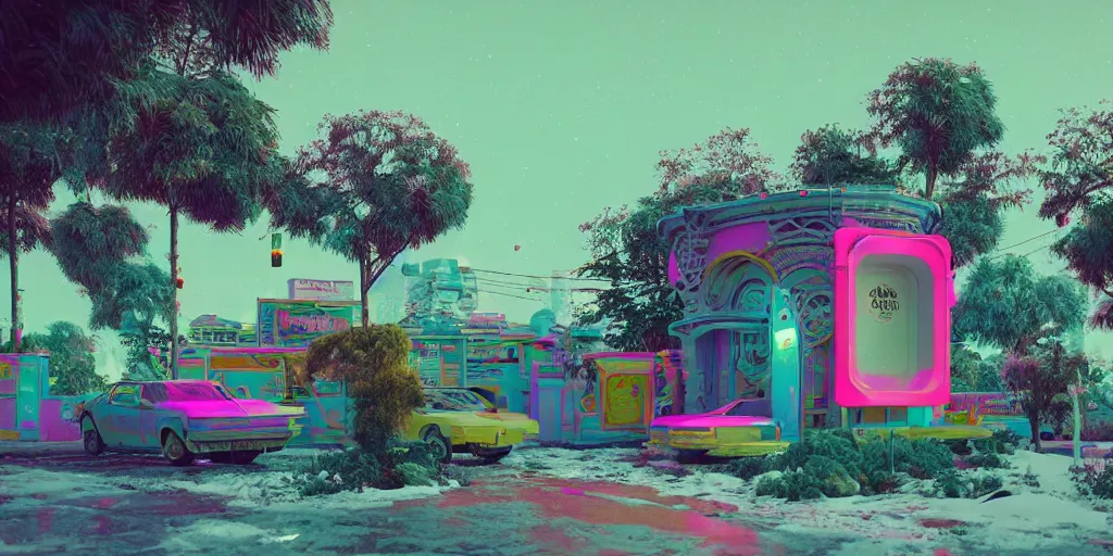 Prompt: 80s outdoor retro arcade, 80s color scheme, retro, pastel colors, desolate, lush vegetation, snow, moody:: by beeple and James Gilleard and Justin Gerard :: ornate, dynamic, particulate, intricate, elegant, highly detailed, centered, artstation, smooth, sharp focus, octane render, 3d