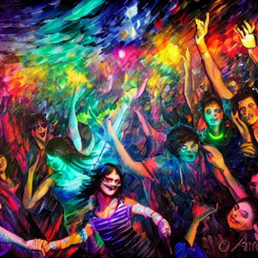 Image similar to rave dance party in the dark with glow sticks by arthur adams, charlie bowater, leonid afremov, chiho ashima, karol bak, david bates, tom chambers