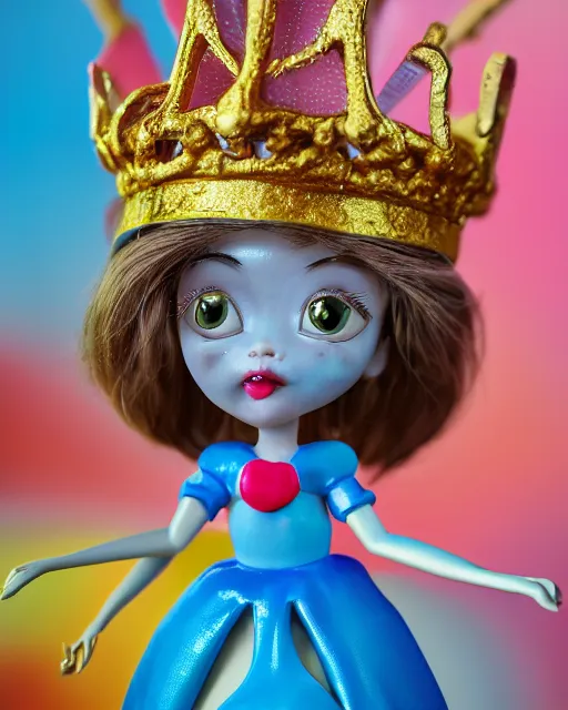 Image similar to closeup face profile portrait of a tin toy fairytale princess wearing a crown eating cakes, bikini, depth of field, zeiss lens, detailed, symmetrical, centered, fashion photoshoot by max fleischer, hyperrealistic, octane render