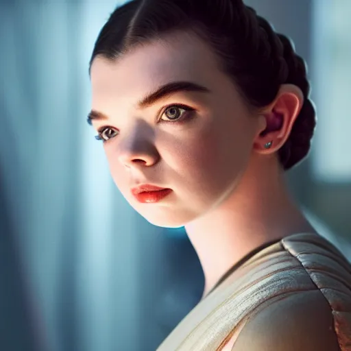 Prompt: Anya Taylor-Joy as Princess Leia, XF IQ4, 150MP, 50mm, F1.4, ISO 200, 1/160s, natural light, Adobe Lightroom, photolab, Affinity Photo, PhotoDirector 365