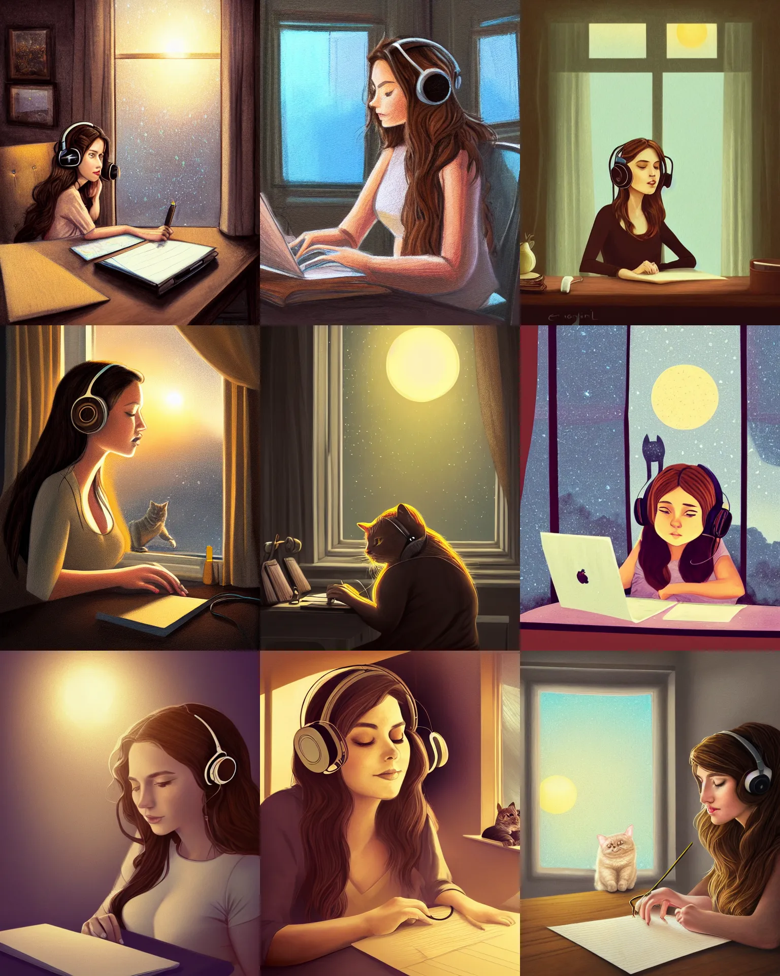Prompt: Portrait of a long brown haired elegant woman with headphones in a warm glowing scenery writing on paper by craig wylie, sunset, fat cat on desk, window in room, natural light beam, fantasy, intricate sparkling atmosphere, lofi, artstation, fine art, artgerm