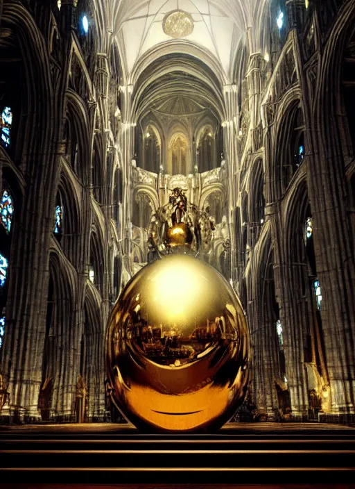 Image similar to Giant golden ornate egg in the middle of a cathedral. In style of Yoji Shinkawa and Hyung-tae Kim, trending on ArtStation, dark fantasy, great composition, concept art, highly detailed, dynamic pose.
