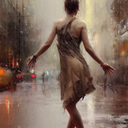Image similar to painting of a beautiful goddess, dancing in the rain, by Jeremy Mann, detailed, stylized, loose brush strokes, intricate, realistic, exaggerated lighting, sense of scale, free, melancholy