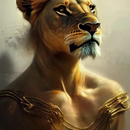 Image similar to highly detailed portrait of a majestic lioness queen in the form of a beautiful woman. d & d, art by augustus edwin mulready and ruan jia. trending on artstation, intricate details, energetic composition, golden ratio, concept art, illustration, elegant art