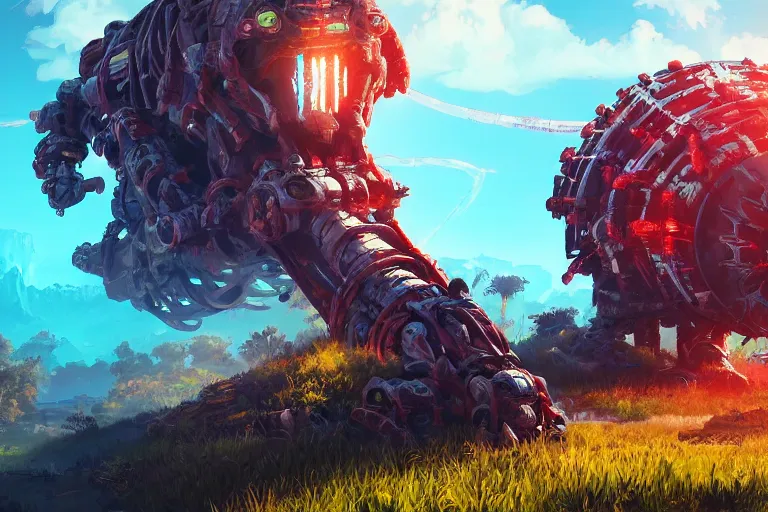 Image similar to shellsnapper machine creature robot of horizon forbidden west horizon zero dawn radiating a glowing aura global illumination ray tracing hdr fanart arstation by ian pesty and alena aenami artworks in 4 k