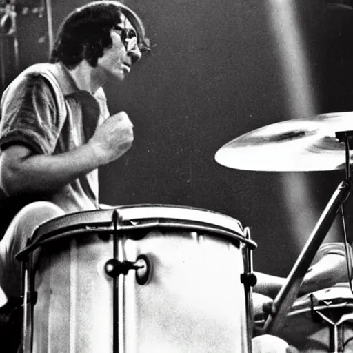 Prompt: a man plays a drum solo on stage at Woodstock, award winning