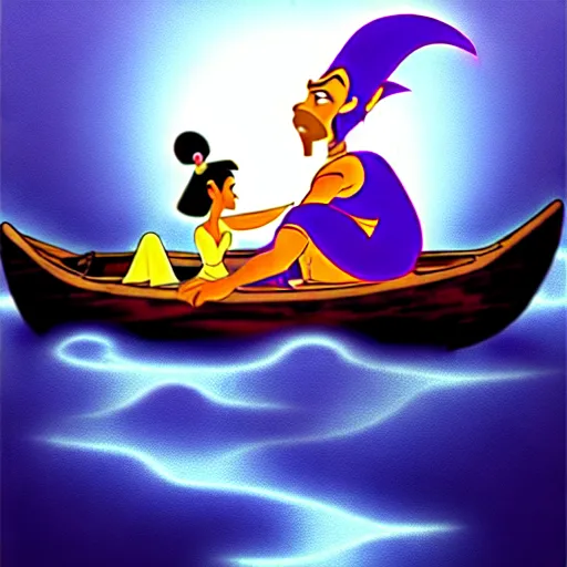 Prompt: i dream of genie from aladdin, sleeping on a ghost canoe with arms crossed in front floating down a river ghostly, davinci, hyper detailed, realistic, muted colors, otherworldly, dynamic lighting,