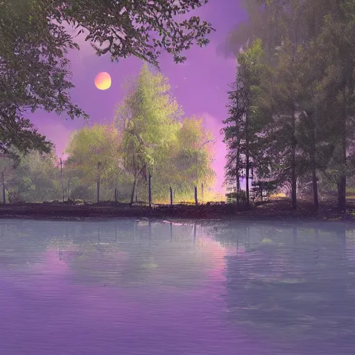 Image similar to lake, trees, night, glowworms, concept art,